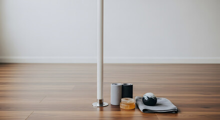 Studio scene showcases a dance pole with accessories like grip aid and towels laid out on a polished wooden floor.