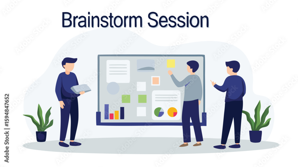 Poster three people brainstorming ideas on a whiteboard with charts and sticky notes in a office setting
