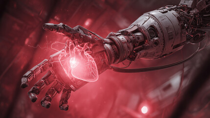 Real heart floating above robot hand.