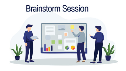 Three people brainstorming ideas on a whiteboard with charts and sticky notes in a office setting