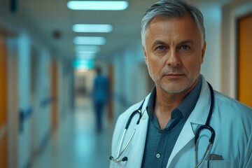 Portrait of a confident mature doctor standing in a hospital corridor, with gray hair, wearing a white coat and stethoscope, looking professional and approachable in a modern clinic, Generative AI