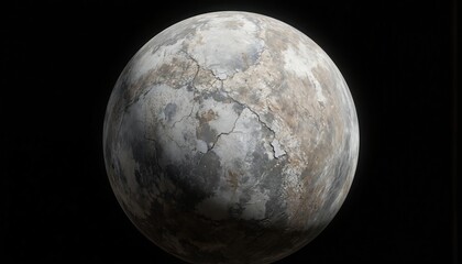 Close-up of cracked planetary surface against dark void. Barren, rocky texture suggests desolate celestial body like Pluto in deep space. Mysterious, desolate geology, stark terrain evoke sense of