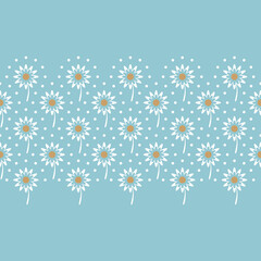 Flora seamless pattern, pretty ditsy.White petals and orange pollen on sky blue background.Blossom.Cute botanical ,Small flora,White dot around flowers and space, simple bouquets.Vector illustration