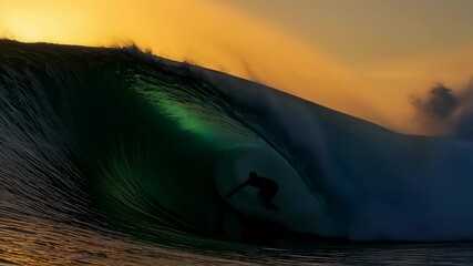 Silhouette of a man surfer riding inside a large ocean wave at sunset. Watersports and extreme surfing footage.