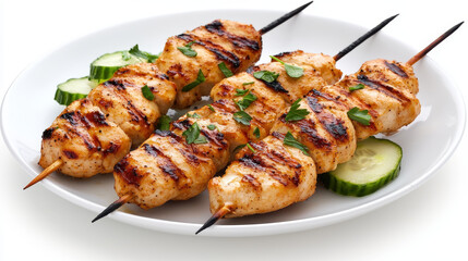 Grilled chicken skewers served white plate with fresh cucumber slices, garnished with herbs, creating delicious and appetizing