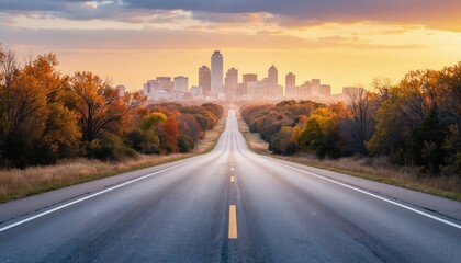Scenic highway leads to Oklahoma City skyline during golden hour autumn sunset. Colorful trees line the road. Urban landscape offers journey destination with vibrant colors and metropolitan view.