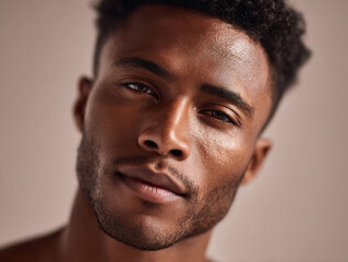 Naklejka premium Striking closeup portrait of a confident, handsome young man. Expressive eyes and glowing skin suggest health, vitality, and inner strength. Perfect for beauty, skincare, or lifestyle concepts.