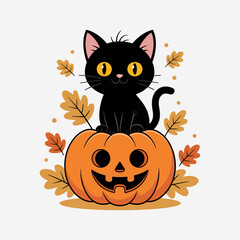 Wide-eyed black kitten resting on jack-o-lantern, fall leaves scattered, adorable Halloween cat and pumpkin combo illustration  