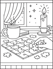 Cozy Moments Bold Line Coloring Page – Relaxing Hygge-Inspired Illustration