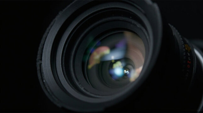 A close-up view of a camera lens, showcasing the intricate layers of the lens elements.