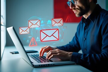 Spoofed emails and phishing scams with malicious attachments. Email and warning icons with exclamation marks. Man using laptop computer to check and respond to emails