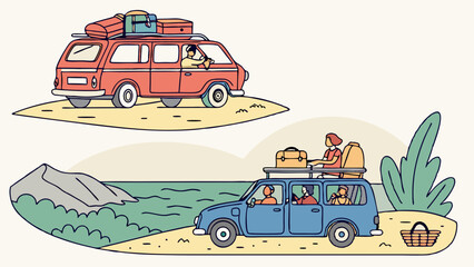 Vibrant line art illustration of two family cars on summer road trips, packed with luggage, driving through scenic landscapes for vacation travel and outdoor adventures.
