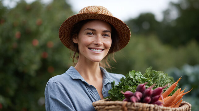 A smiling woman wearing a sunhat holds a basket overflowing with fresh vegetables. This image represents healthy living, sustainability, and the joys of gardening. - Powered by Adobe
