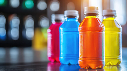Refreshing sports drinks in vibrant colors, including blue, orange, pink, and yellow, are displayed on table