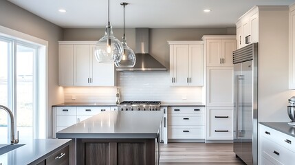 Fototapeta premium Monochrome modern kitchen with bright white cabinetry, steel grey countertops, smooth dark birch island with metallic handles, dual glass pendant fixtures.
