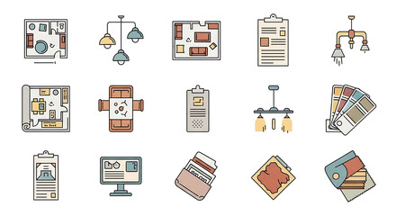 A collection of interior design icons featuring floor plans, lighting, and color swatches arranged neatly ai genrated