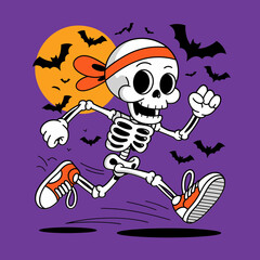 Skeleton dashing with grin on purple background, moon and bats surrounding, Halloween fun run cartoon with festive action  