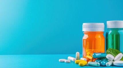 Bottles of vitamins and supplements in vibrant colors, showcasing health and wellness. scene evokes sense of vitality and care