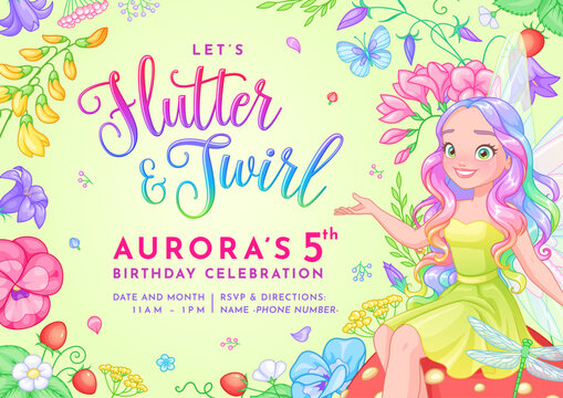 Birthday party invitation with a cute fairy. Vector template on a green background.
