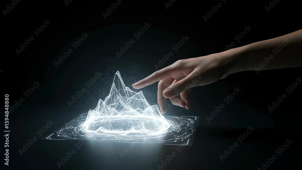 Poster woman touching 3d projection of data in a dark room. futuristic technology concept with interactive 