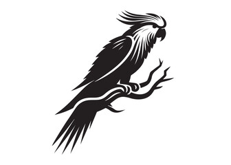 Obraz premium parrot logo silhouette vector, tropical bird logo silhouette, a silhouette of a parrot on a branch clipart design, beautiful parrot bird logo silhouettes vector on a white background