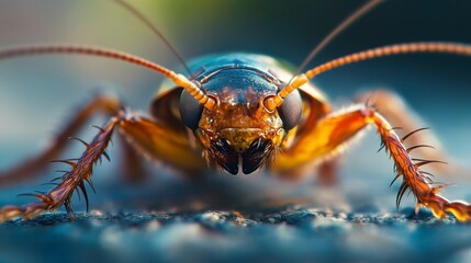 Fototapeta premium Close-up of a cockroach, showcasing its antennae, legs, and eyes.