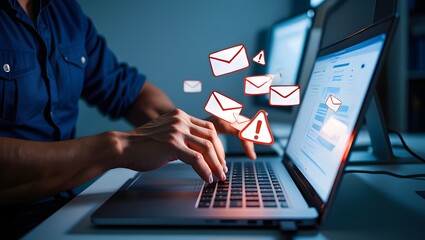 Spoofed emails and phishing scams with malicious attachments. Email and warning icons with exclamation marks. Man using laptop computer to check and respond to emails