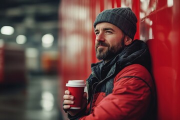Truck driver leaning against a red truck and drinking coffee while waiting for warehouse workers, illustrating a moment of rest during a busy day in logistics and transport, Generative AI