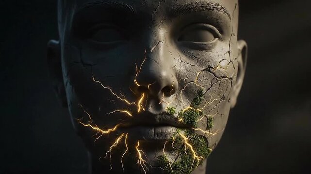 Cracked face sculpture close up artistic presentation art