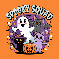 Spooky squad of ghost and three cats�purple, black, and witch themed�gather around a jack-o-lantern with stars on orange background  