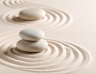 Balanced Stones and Raked Sand in Serene Minimalist Zen Composition