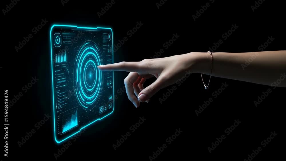 Poster woman's hand touching virtual screen. interface with digital information display concept. interactiv