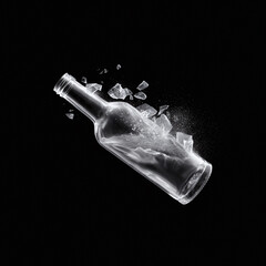 Shattered glass bottle in midexplosion against a stark black background. Symbolizing fragility, breaking points, or consequences. Use for dramatic visuals or abstract concepts.