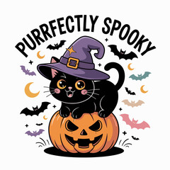 Black cat peeking from jack-o'-lantern in witch hat, surrounded by stars and bats, purrfectly spooky message at the top  
