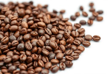 Naklejka premium Close-up of roasted coffee beans isolated on white, robusta, light