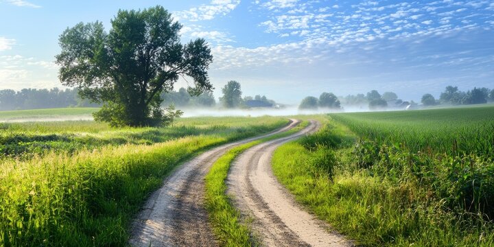A winding dirt road curves through green fields under a blue sky with scattered clouds and a misty background. - Powered by Adobe