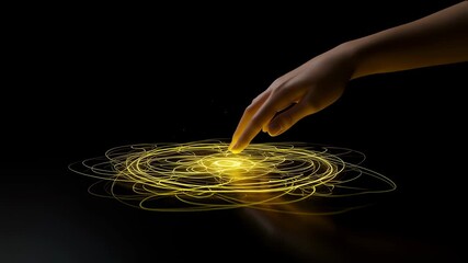 Woman hand creating abstract golden light trails. Digital art with luminous swirling lines. Technology, energy concept. Footage. - Powered by Adobe