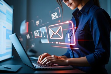 Spoofed emails and phishing scams with malicious attachments. Email and warning icons with exclamation marks. Man using laptop computer to check and respond to emails