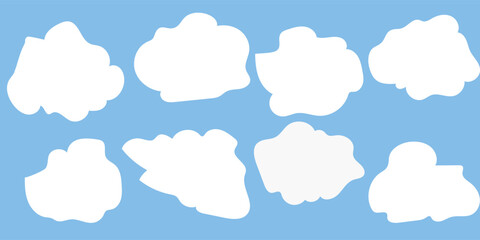 Cartoon clouds on a blue sky. Eight fluffy clouds, simple and white. Clouds in a row, clouds in a pattern. Weather illustration, vector set.