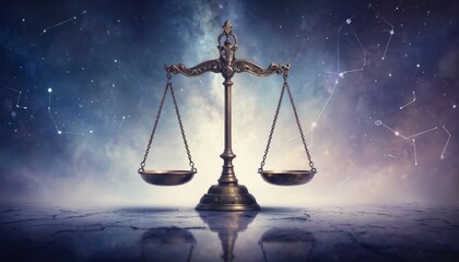 Vintage scale balances justice in cosmic star background. Libra zodiac constellation blends with celestial art. Elegant astrology symbol, representing balance, harmony, and fairness.