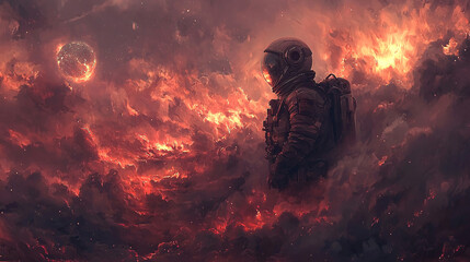 An astronaut stands amidst a fiery, apocalyptic landscape, contemplating the destruction.