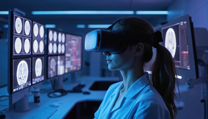 Woman in VR headset studies human brain anatomy in medical laboratory. Advanced technology enables 3D brain visualization for education, research, healthcare innovation. Futuristic simulation