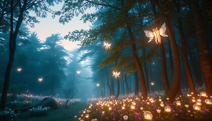 Enchanted Forest with Glowing Flowers and Winged Fairy Lights