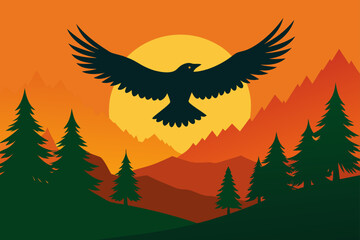 Obraz premium Eagle Soaring Above Treetops at Sunrise Illustration