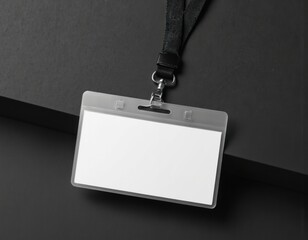Blank ID card mockup with lanyard on dark background. Clear plastic holder for name tag, business pass, or VIP identification. Versatile for events, conferences, or corporate use.