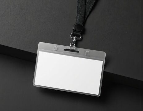 Blank ID card mockup with lanyard on dark background. Clear plastic holder for name tag, business pass, or VIP identification. Versatile for events, conferences, or corporate use. - Powered by Adobe
