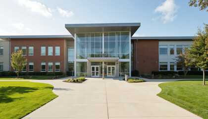 Modern school building exterior features large glass windows and a welcoming entrance, surrounded by manicured green lawn under a clear blue sky. Offers ample copy space for design elements.