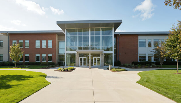 Modern school building exterior features large glass windows and a welcoming entrance, surrounded by manicured green lawn under a clear blue sky. Offers ample copy space for design elements.