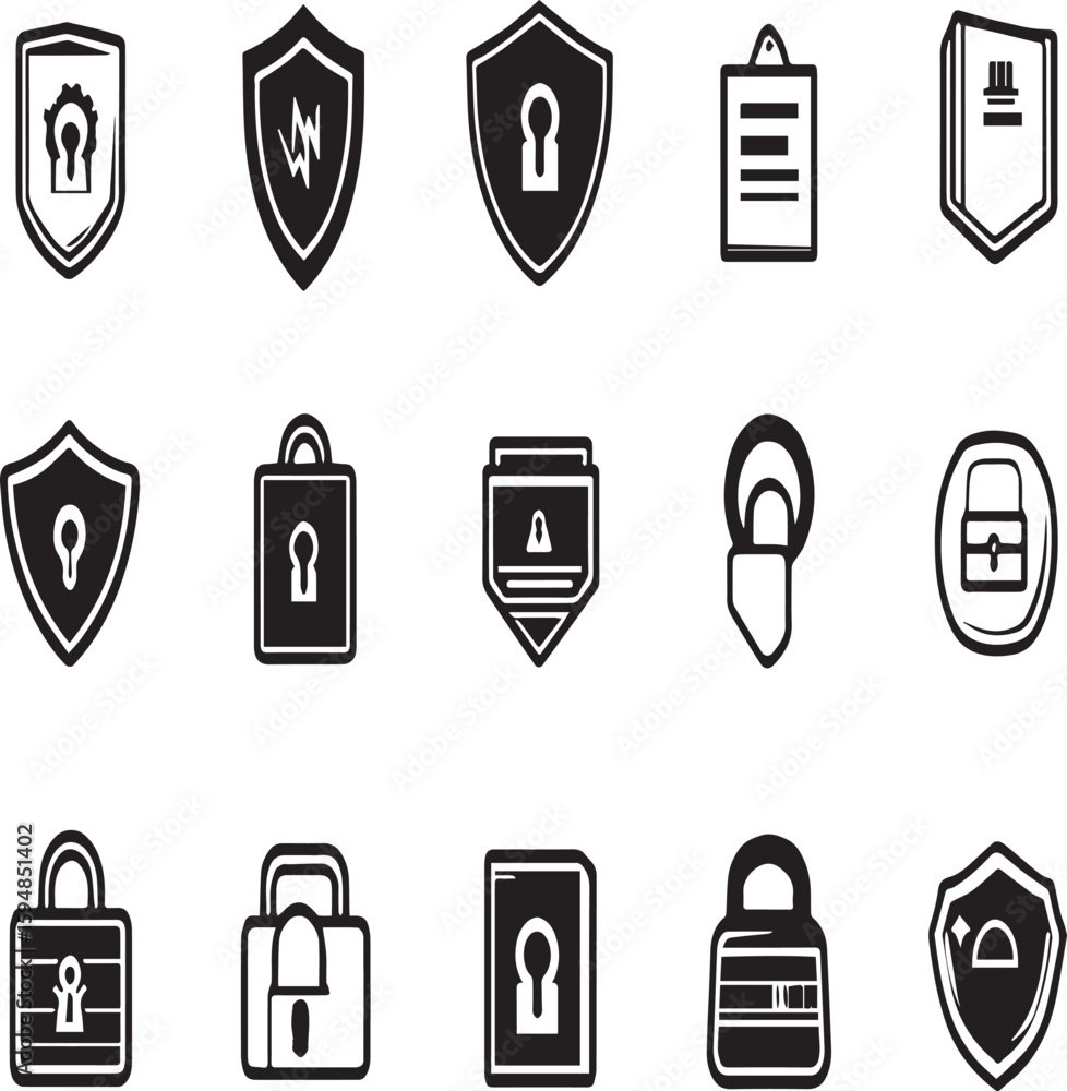 Poster collection of security icons featuring shields padlocks and document protection in a simple design