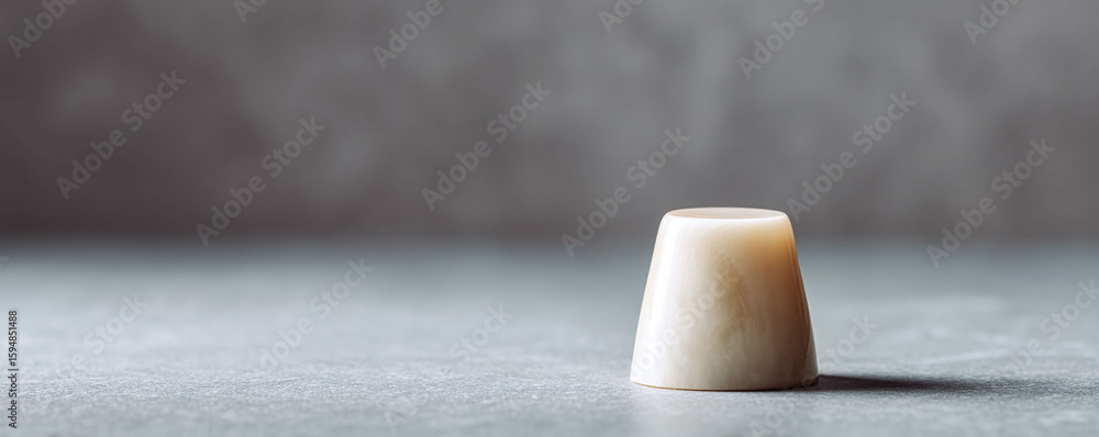 Poster minimalist composition featuring a singular, ivorycolored geometric object. soft lighting creates de